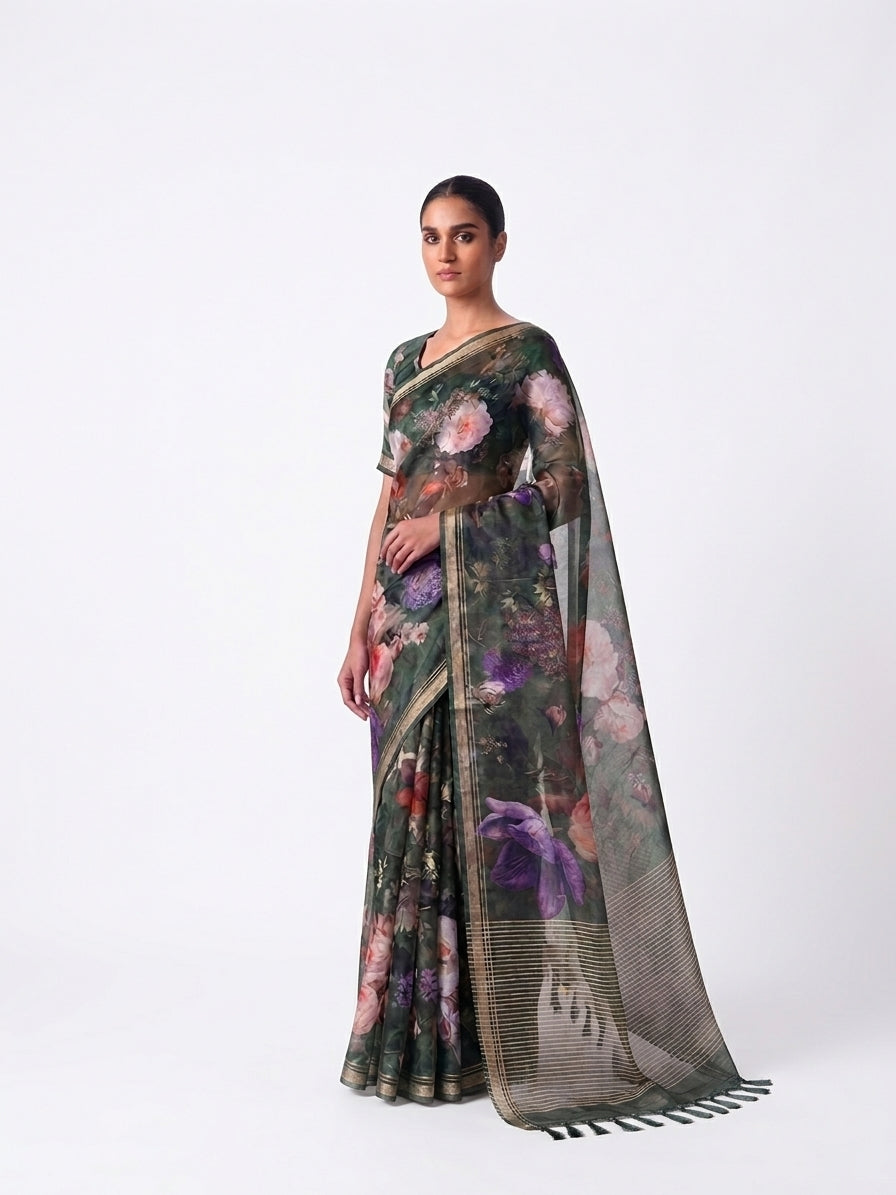 Green Organza Silk Floral Print Banarasi Saree