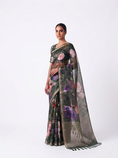 Green Organza Silk Floral Print Banarasi Saree