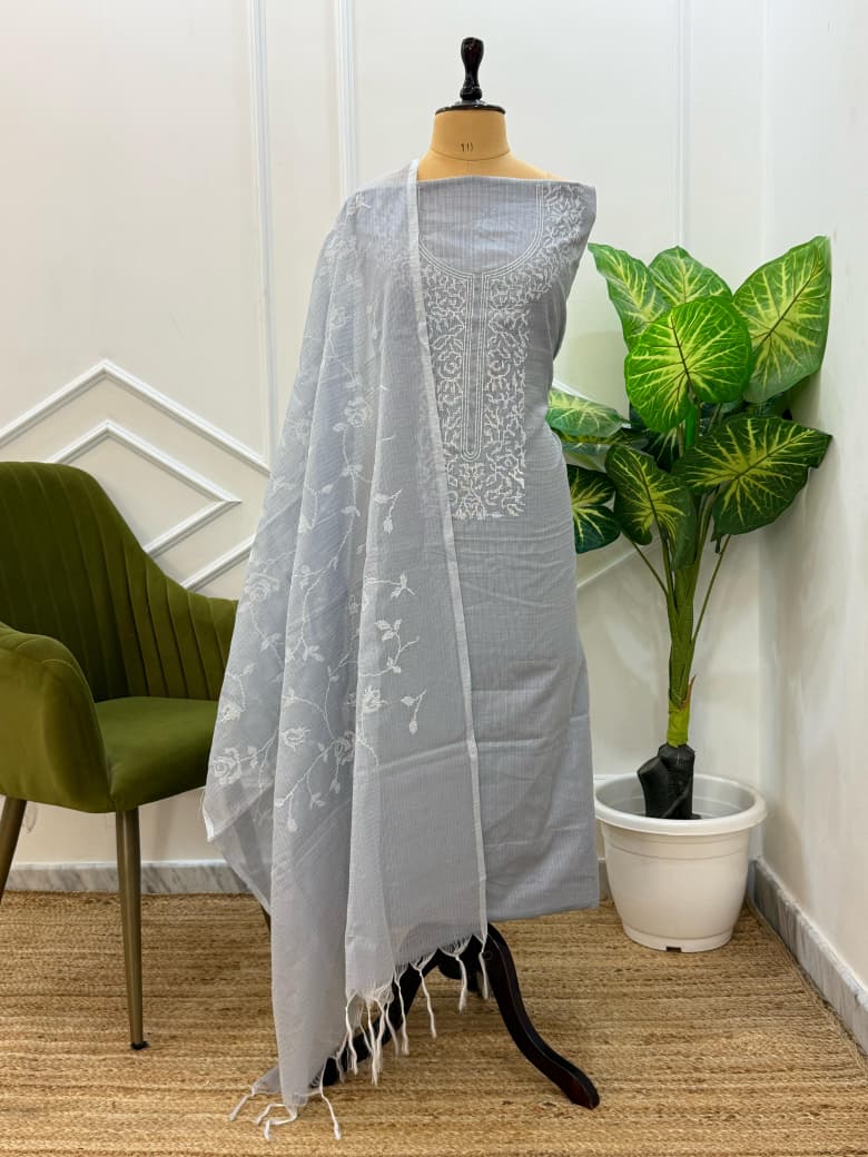Gray Kota Silk Embroidered Unstitched Suit Fabric