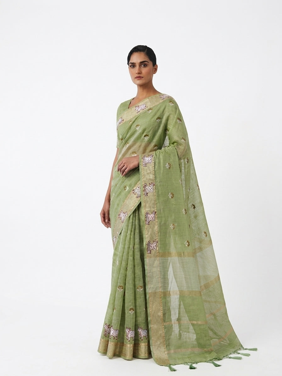 Green Tissue Silk Pichwai Saree With Embroidery