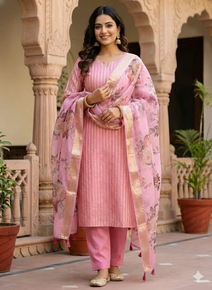 Pink Striped Zari Chanderi Cotton Banarasi Suit Fabric