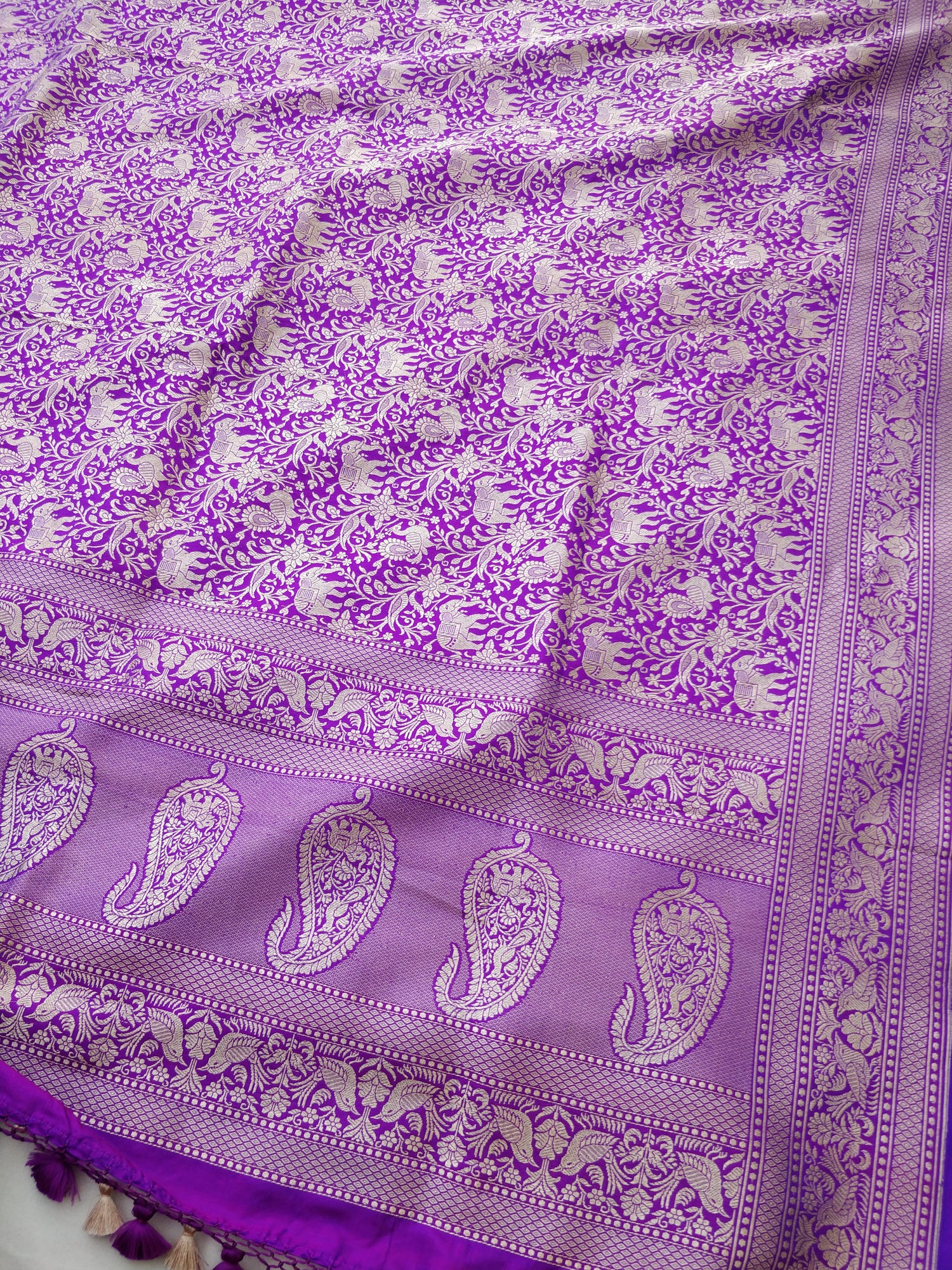 Purple Handwoven Shikargah Pure Kataan Silk Banarasi Dupatta