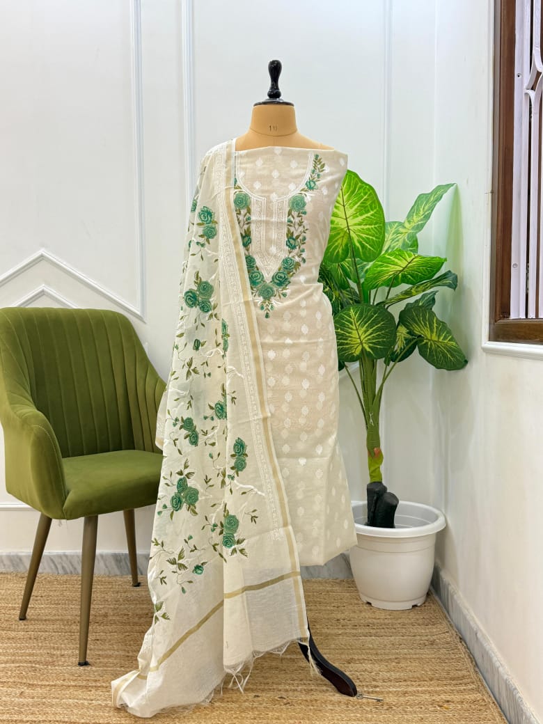 White Embroidered Green Threadwork Jacquard Suit Fabric with Kota Dupatta