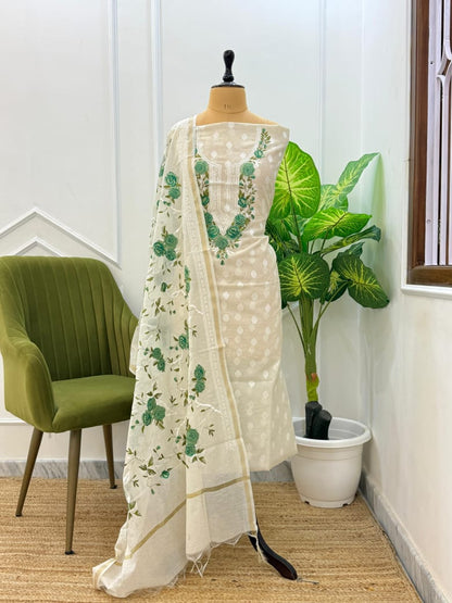 White Embroidered Green Threadwork Jacquard Suit Fabric with Kota Dupatta