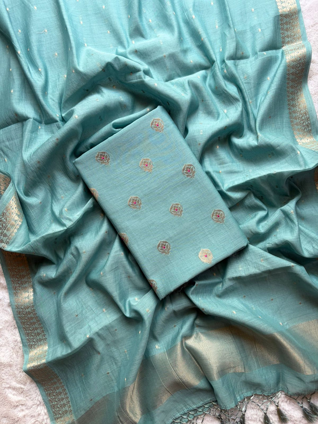 Sky Blue Mul Chanderi Silk Buti Suit Fabric