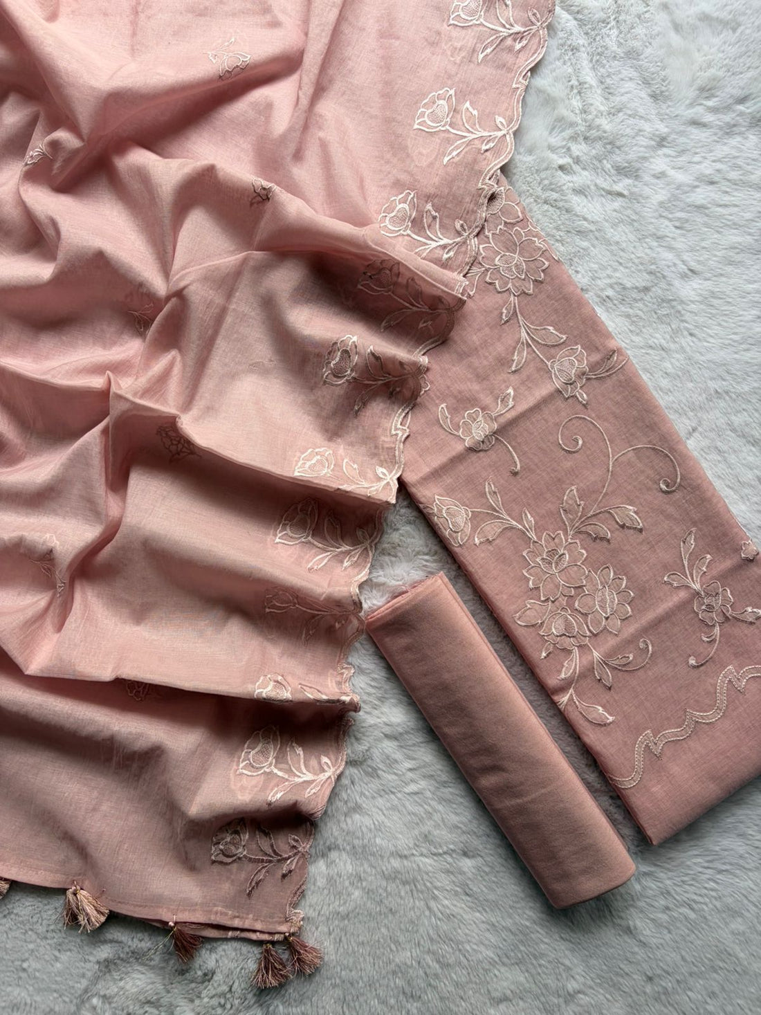 Peach Mul Cotton With Applique Work Suit Fabric