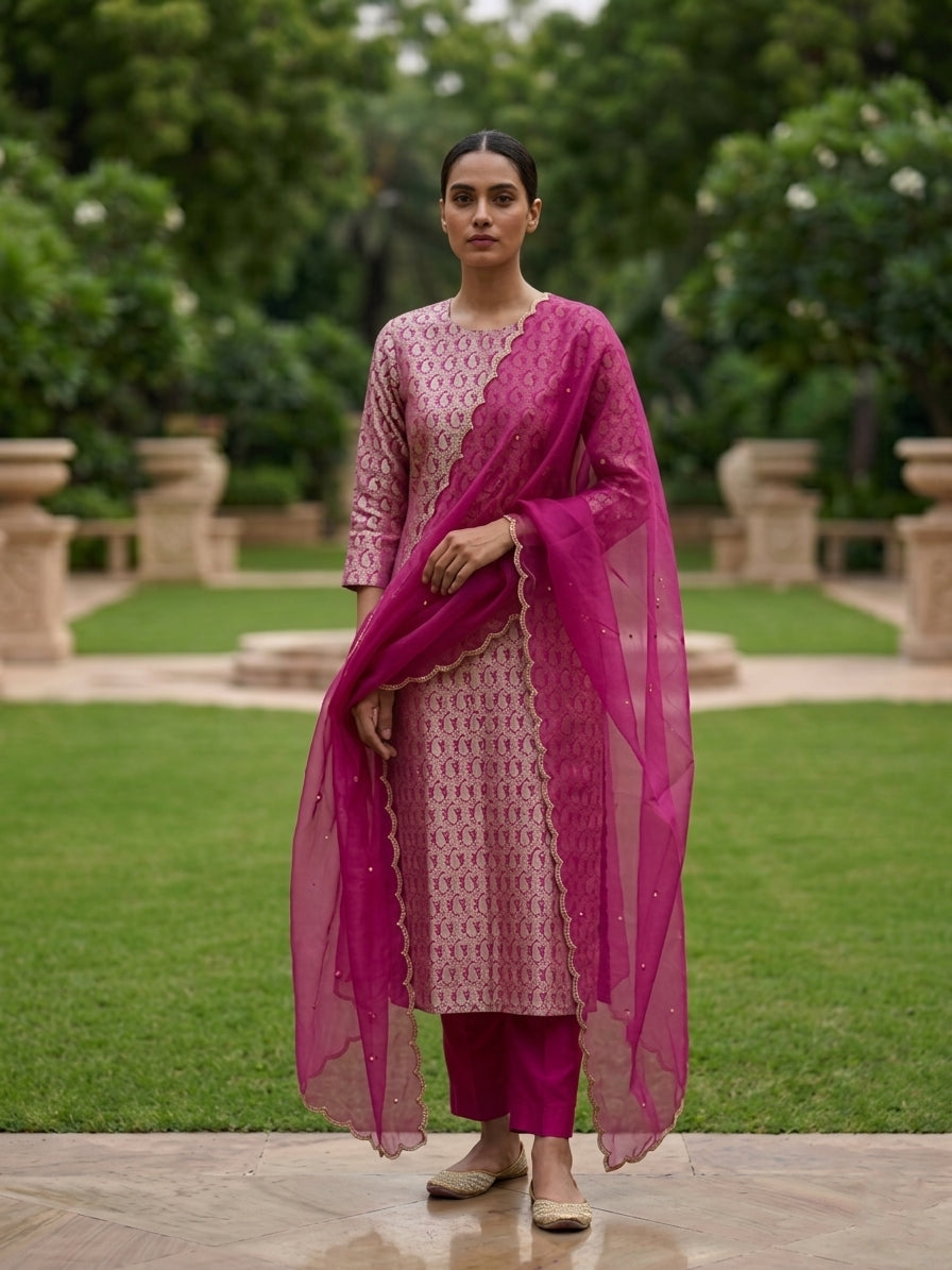 Pink Handwoven Pure Kataan Silk Banarasi Suit with Organza Dupatta
