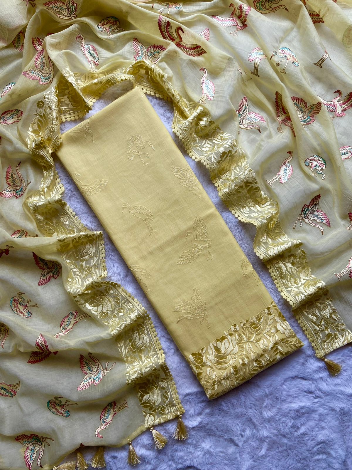 Yellow Mul Cotton Embroidery Suit Fabric