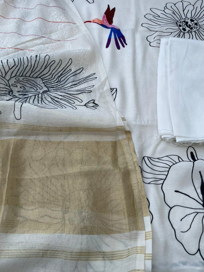 White Digital Printed Chanderi Cotton Banarasi Suit Fabric