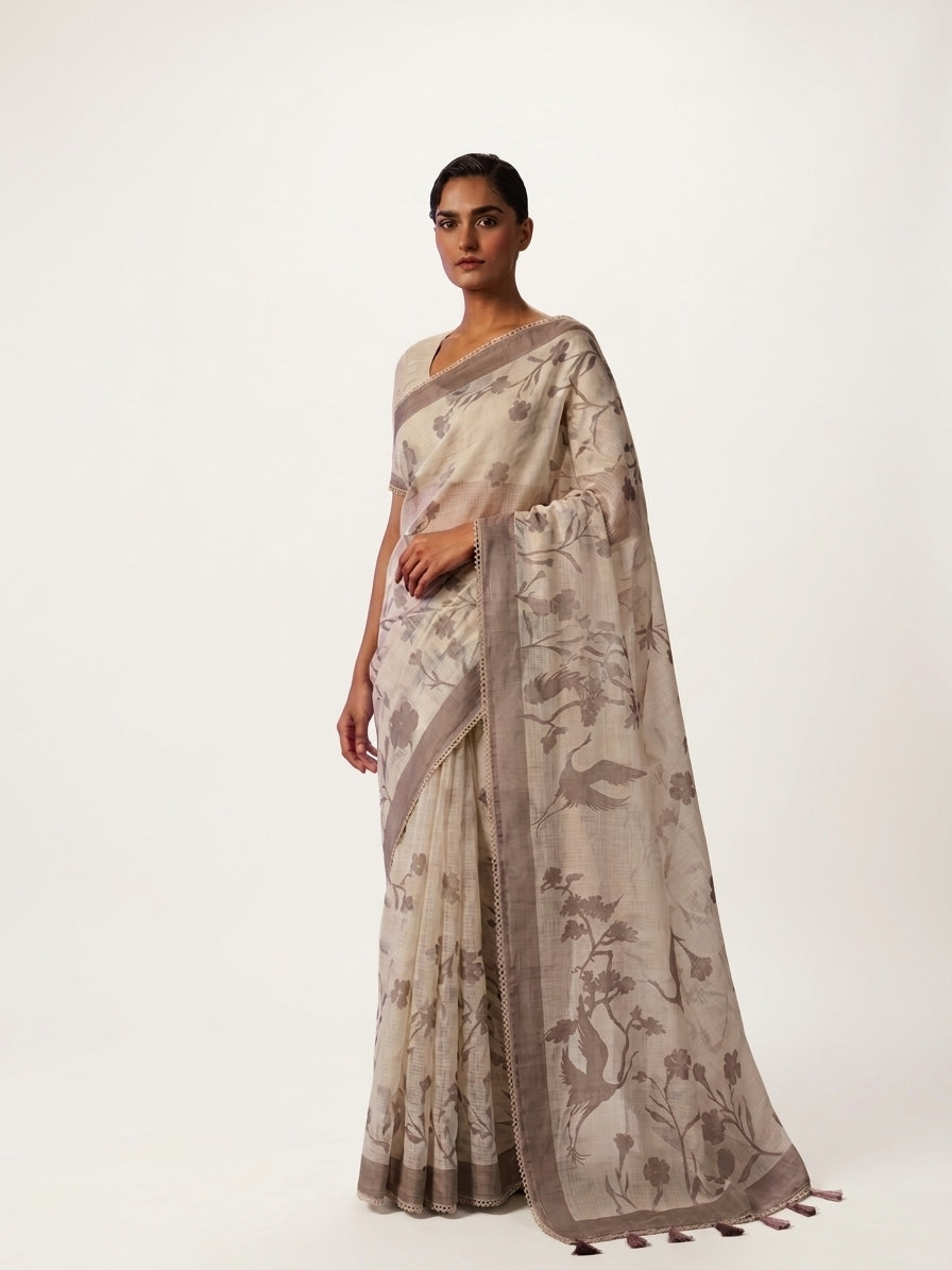 Ivory Kota Silk Digital Print With Embroidery Banarasi Saree