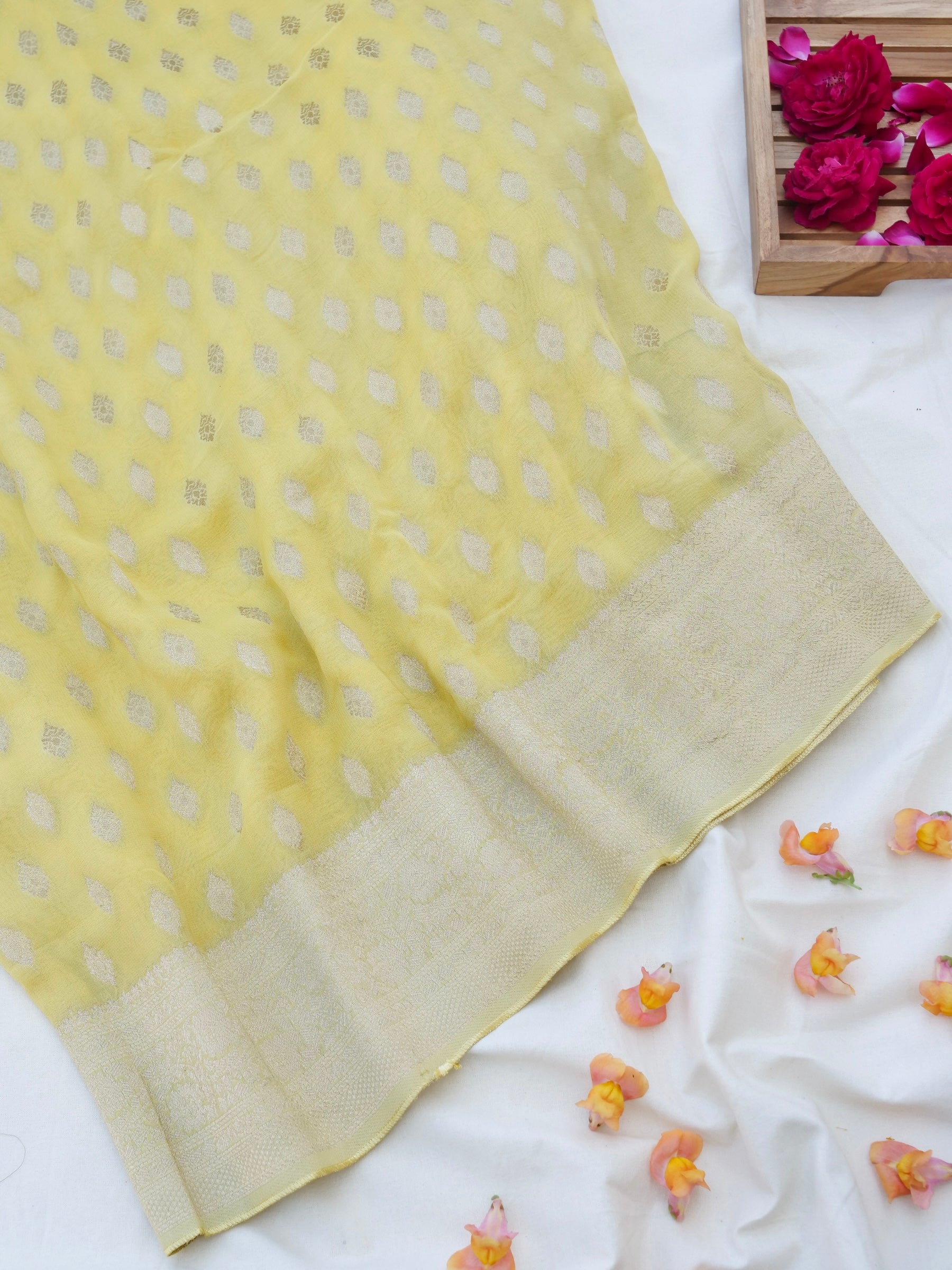 Yellow Georgette Silk Buti Banarasi Saree