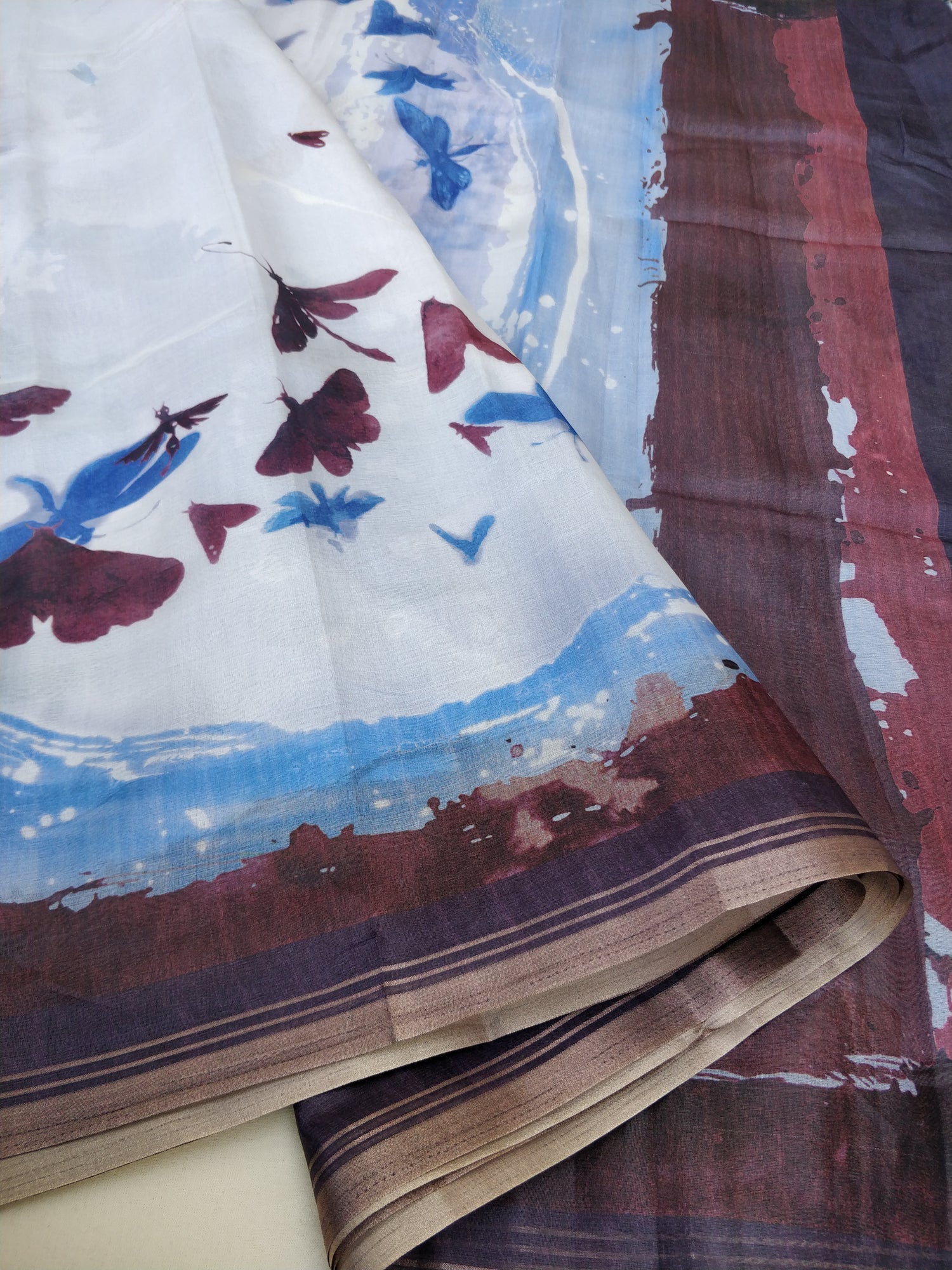 Sky Blue Organza Silk Butterfly Print Banarasi Saree