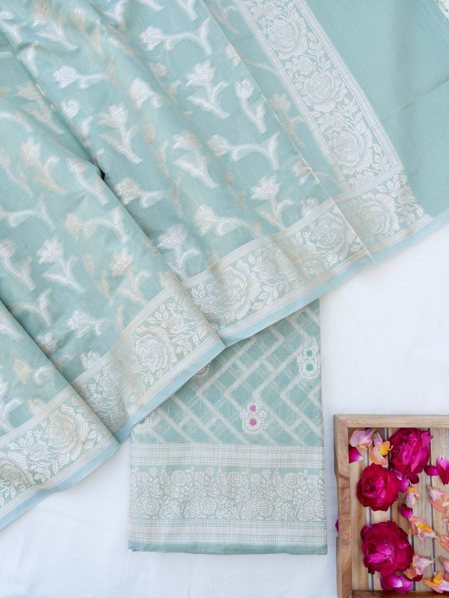 Green Banarasi Cotton Unstitched Suit Set