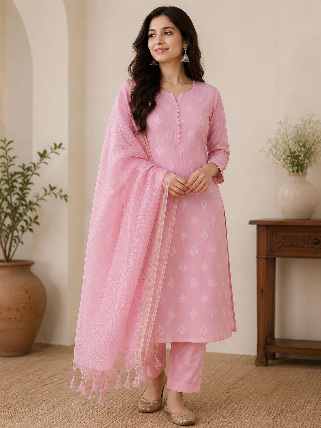 Pink Banarasi Cotton Suit Set