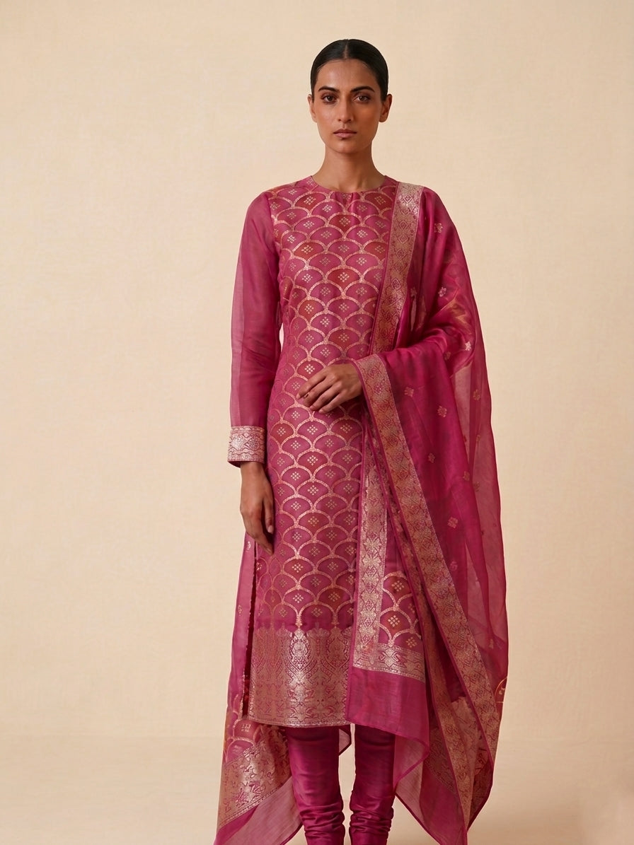 Rangkaat Blush Pink Organza Jaal Banarasi Suit Set