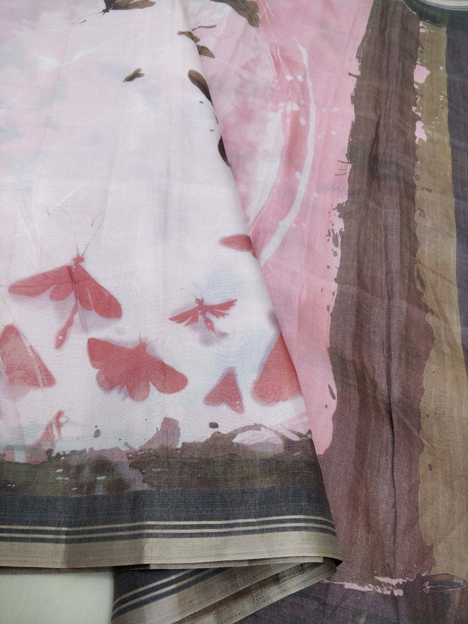 Pink Organza Silk Butterfly Print Banarasi Saree
