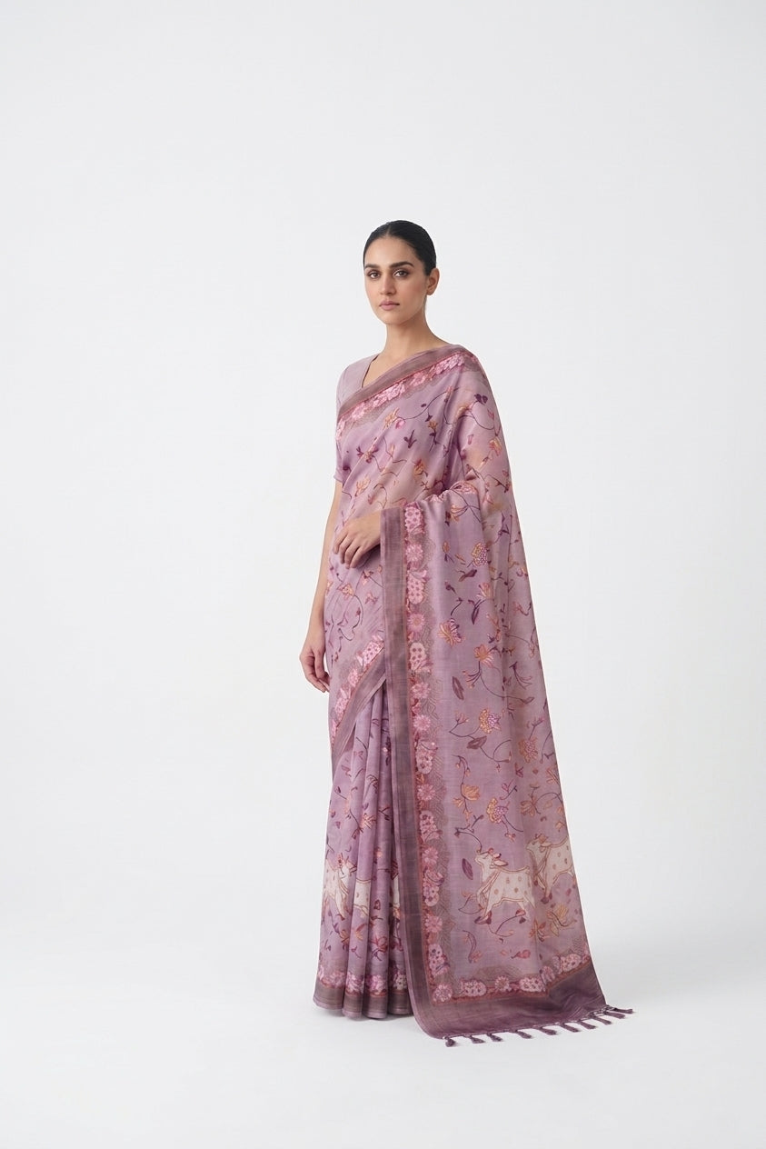Pink Silk Tussar Printed Pichwai Saree
