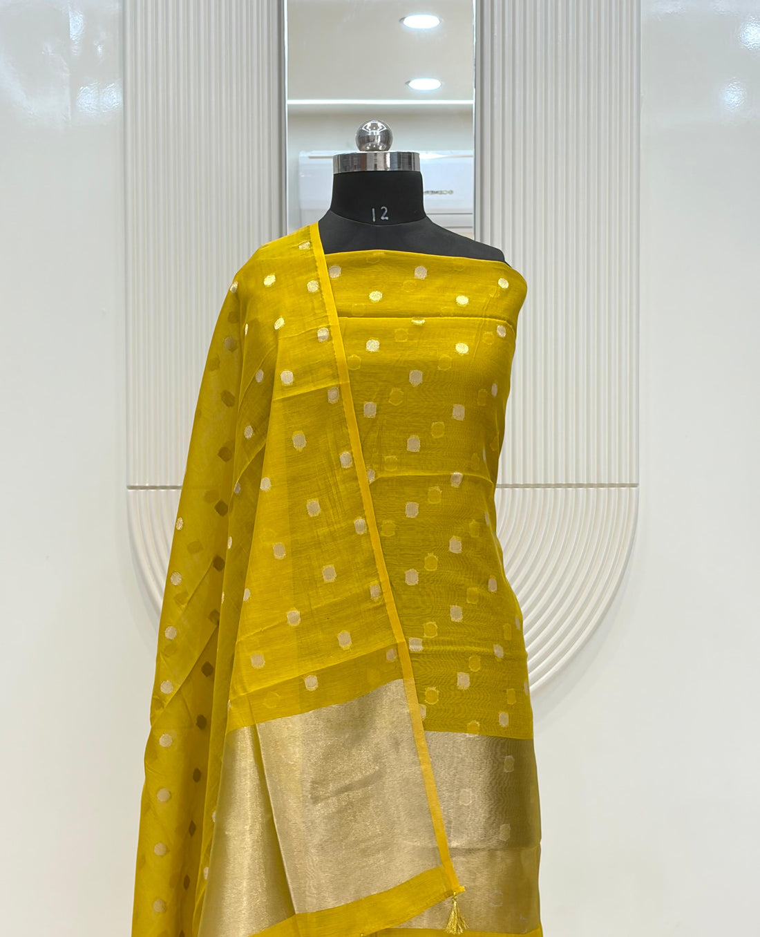 Lemon Yellow Mul Chanderi Silk Zari Buti Suit Fabric