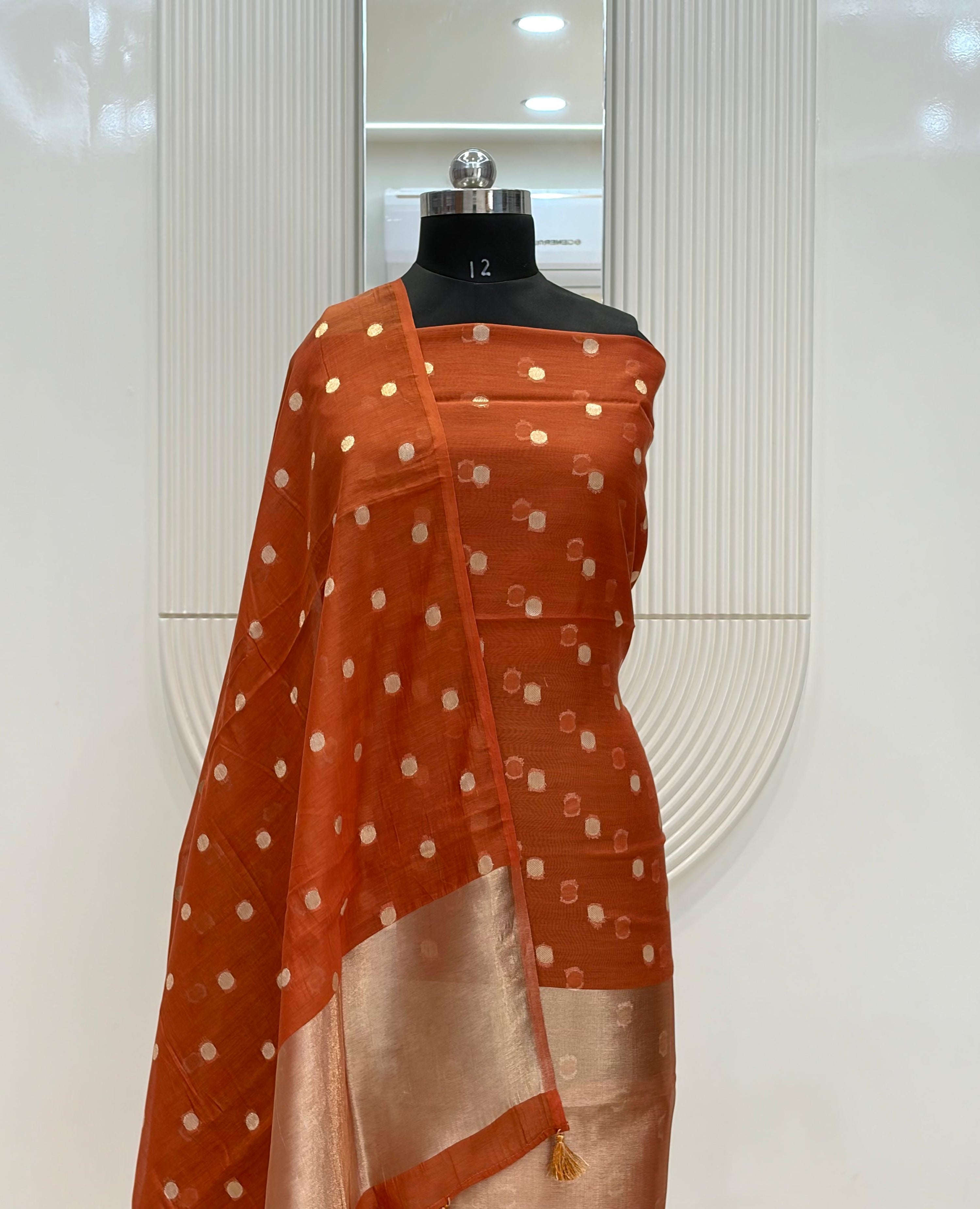 Orange Mul Chanderi Silk Zari Buti Suit Fabric