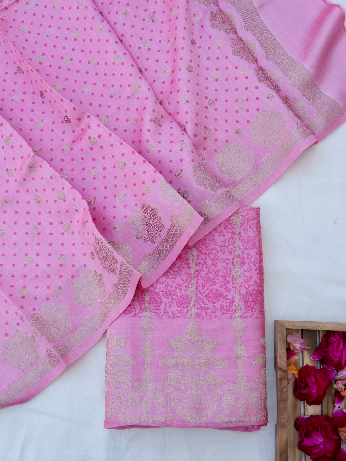 Pink Chiniya Silk Printed Unstitched Banarasi Suit Set