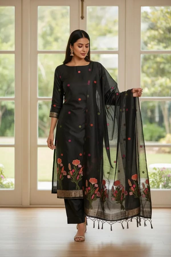 Black Cotton Zamadani Banarasi Suit Fabric