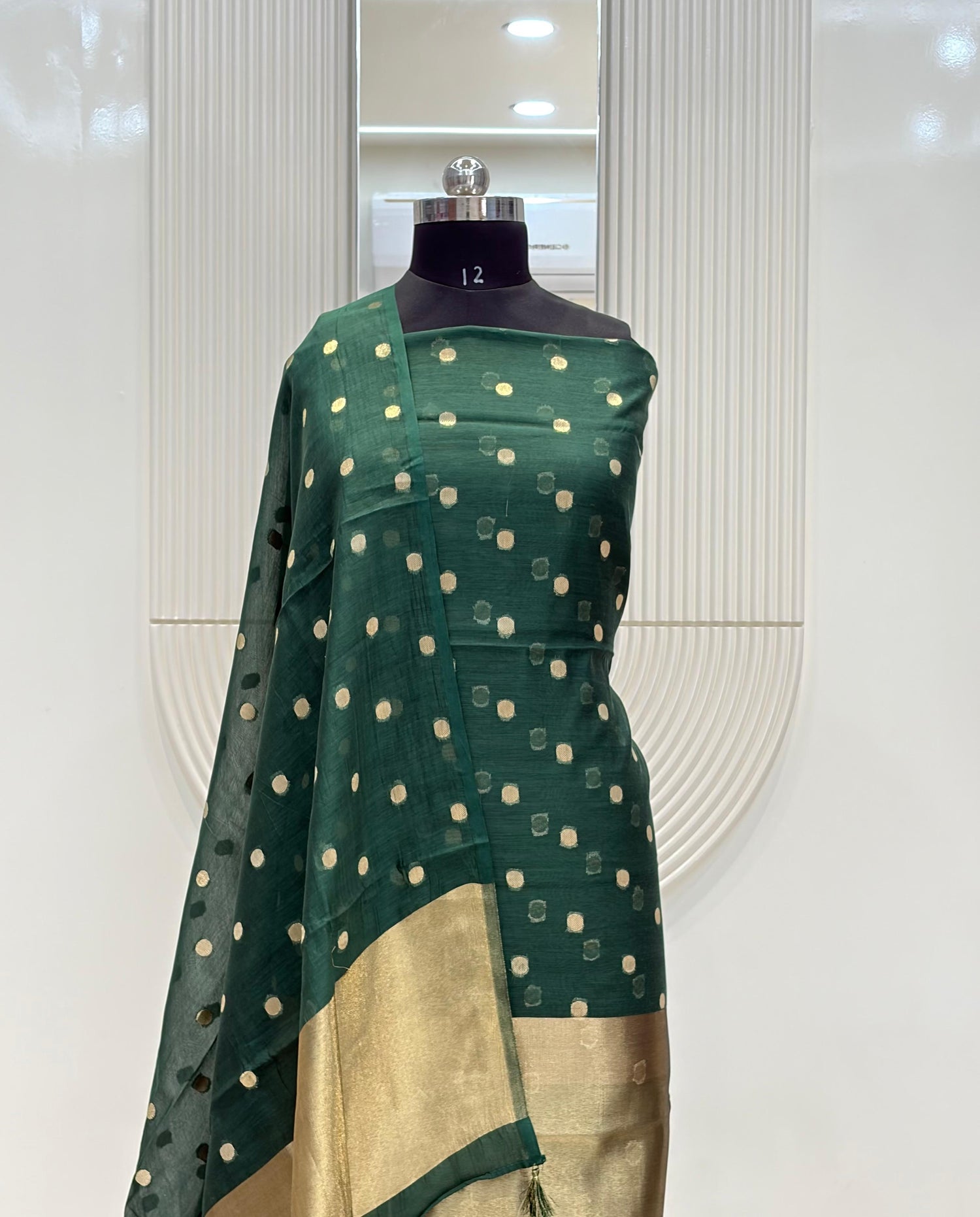 Green Mul Chanderi Silk Zari Buti Suit Fabric