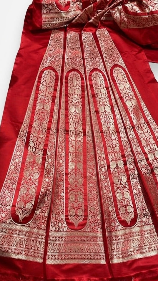 Red Handwoven Pure Satin Silk Kadhua Banarasi Lehenga Panels