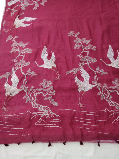 Red Mul Chanderi Silk Hand Embroidery Saree