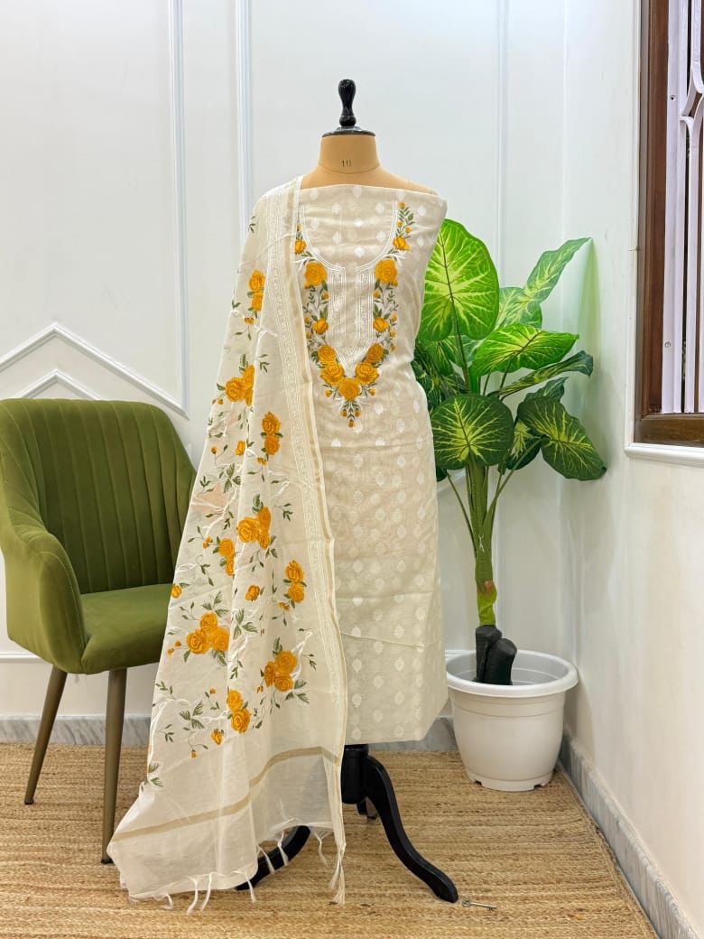 White Embroidered Yellow Threadwork Jacquard Suit Fabric with Kota Dupatta