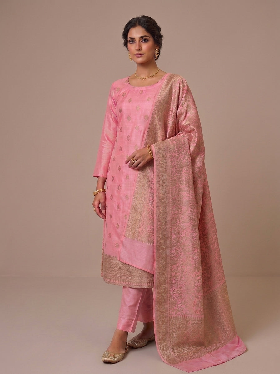 Peach Cotton Silk Buti Banarasi Unstitched Suit Set