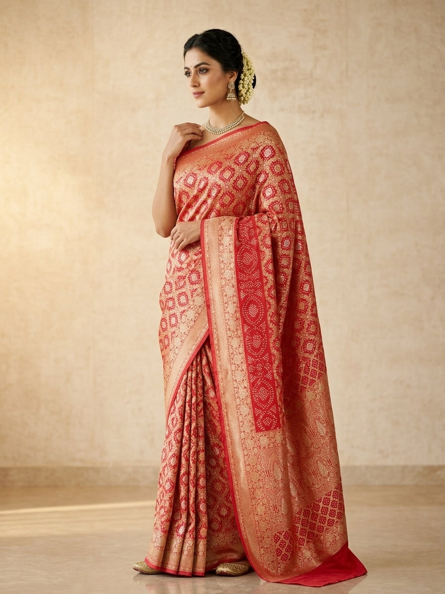 Red Bandhni Georgette Silk Banarasi Saree