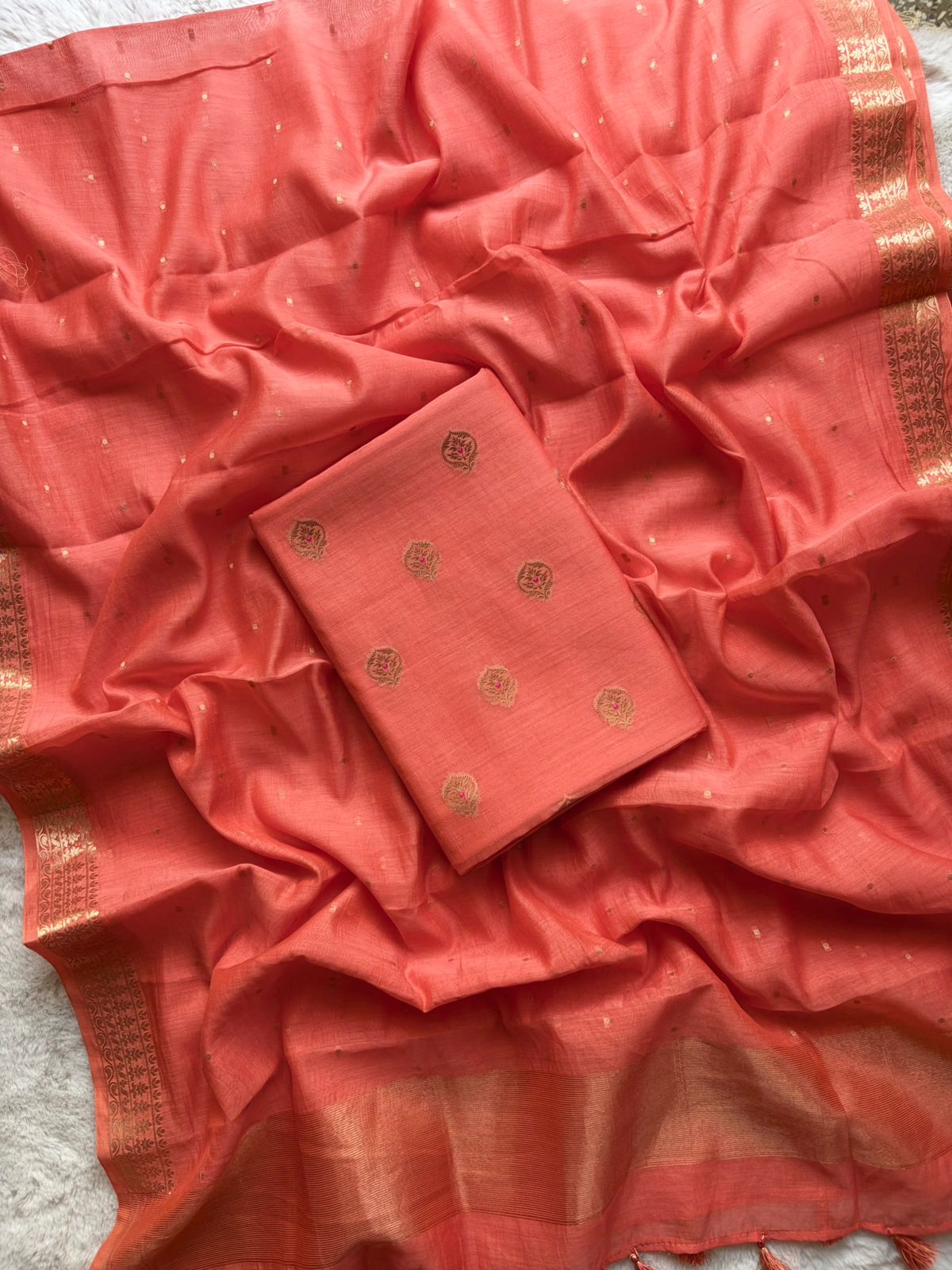 Sun Set Orange Mul Chanderi Silk Buti Suit Fabric