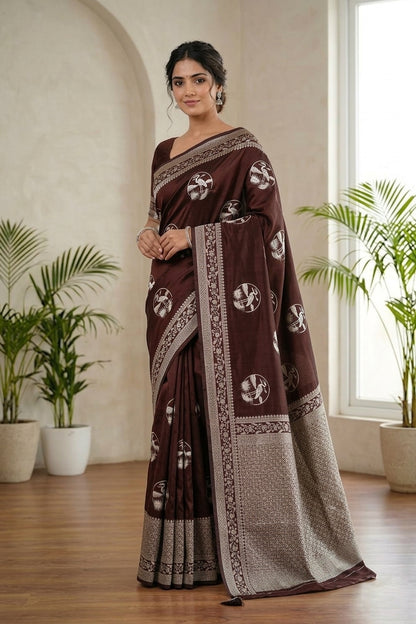 Brown Handwoven Satin Banarasi Saree Shikargah Zari Work