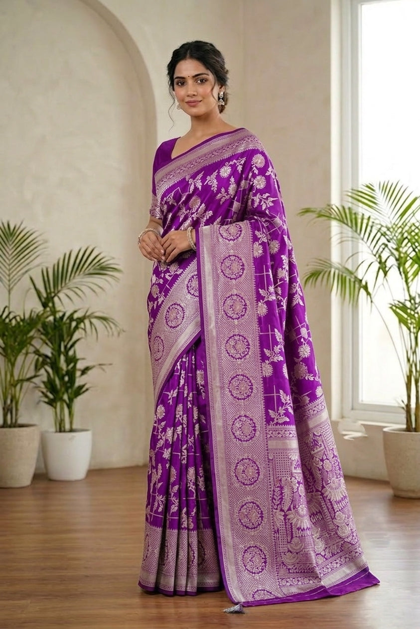 Purple Banarasi Silk Saree with Zari Floral Jaal
