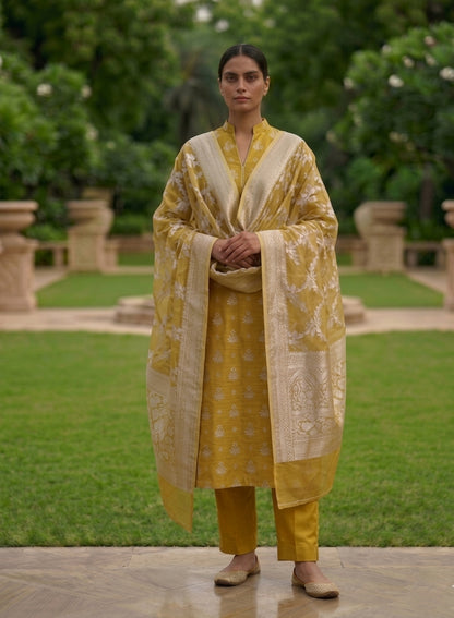 Yellow Banarasi Chiniya Silk Suit Set