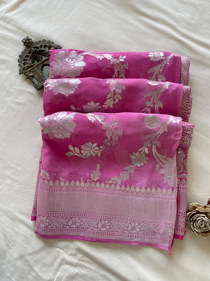 Pink Handwoven Pure Georgette Silk Jangla Banarasi Saree