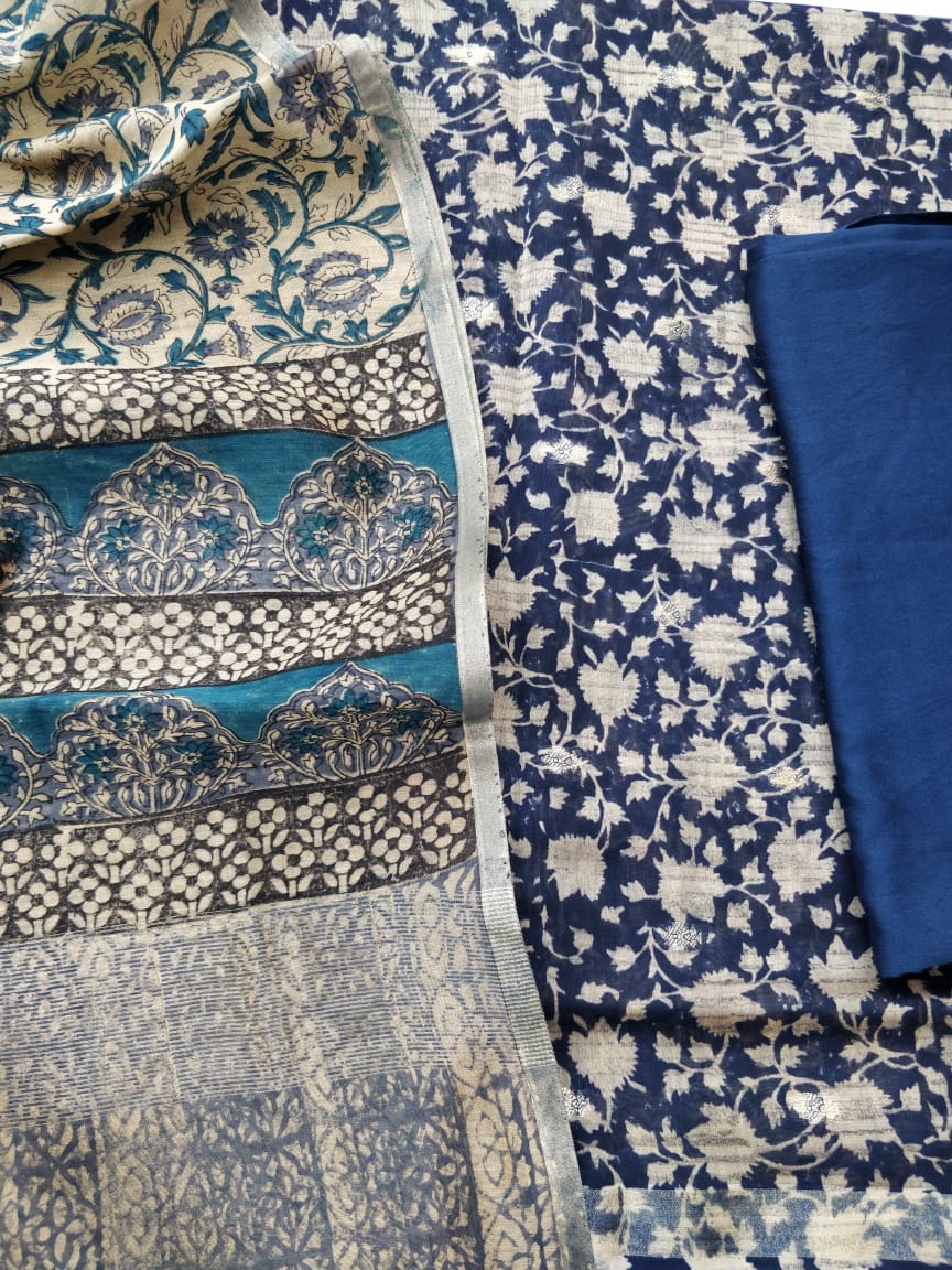 Blue Digital Printed Chanderi Cotton Banarasi Suit Fabric