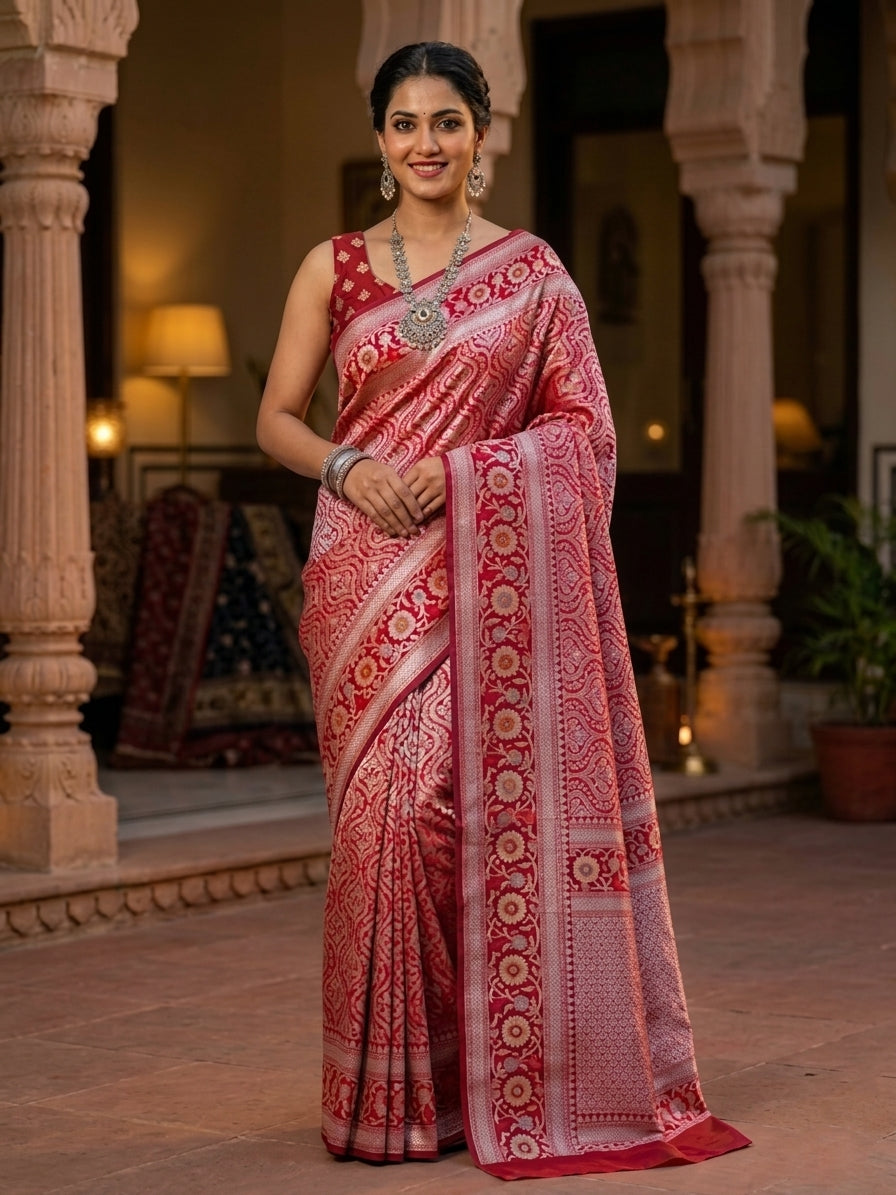 Red Kataan Silk Meena Jangla Banarasi Saree