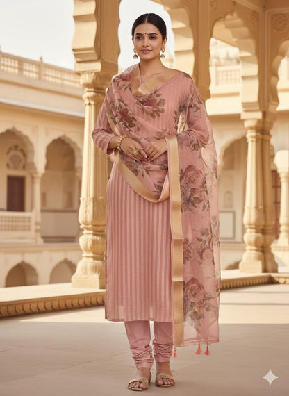 Peach Striped Zari Chanderi Cotton Banarasi Suit Fabric