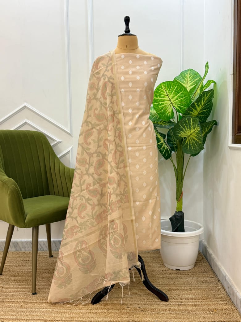 Beige Chanderi Silk Dopion Buti with Printed Dupatta Suit Fabric