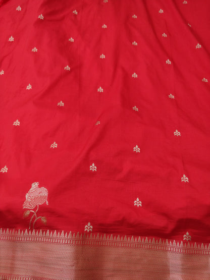 Red Semi Kataan Buti Pichwai Banarasi Saree