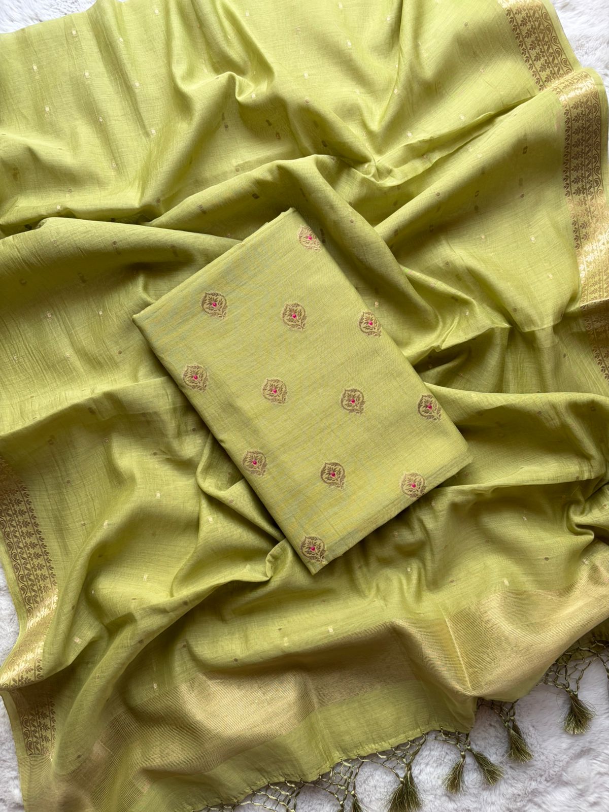 Green Mul Chanderi Silk Buti Suit Fabric