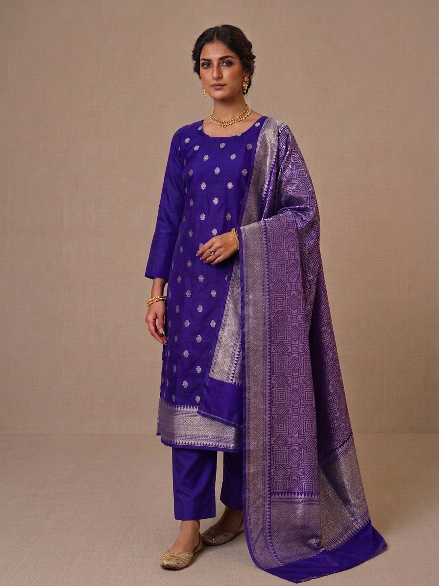 Purple Cotton Silk Unstitched Banarasi Suit Set