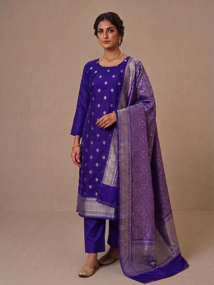 Purple Cotton Silk Unstitched Banarasi Suit Set