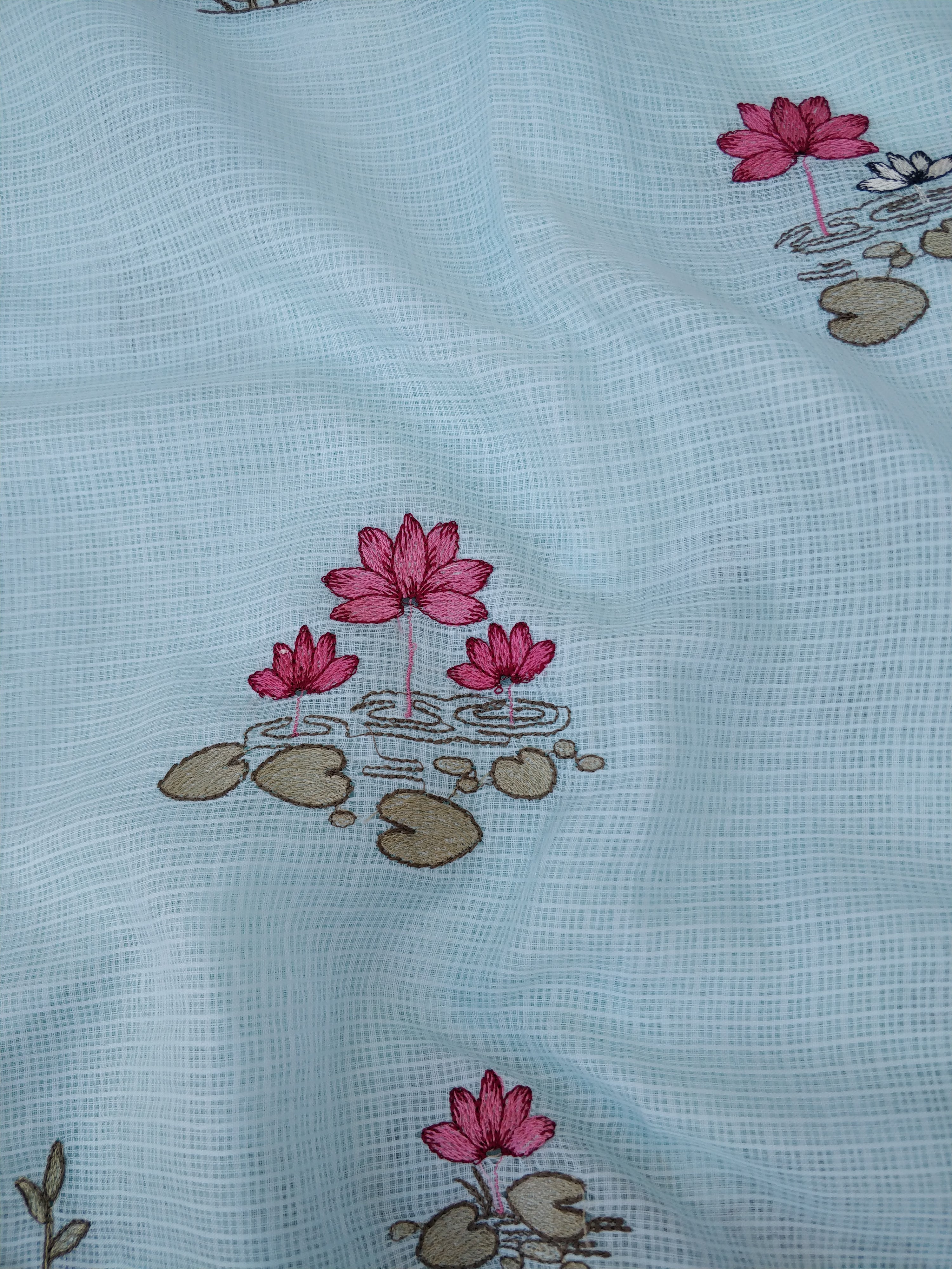 Sky Blue Kota Crane Floral Embroidery Saree