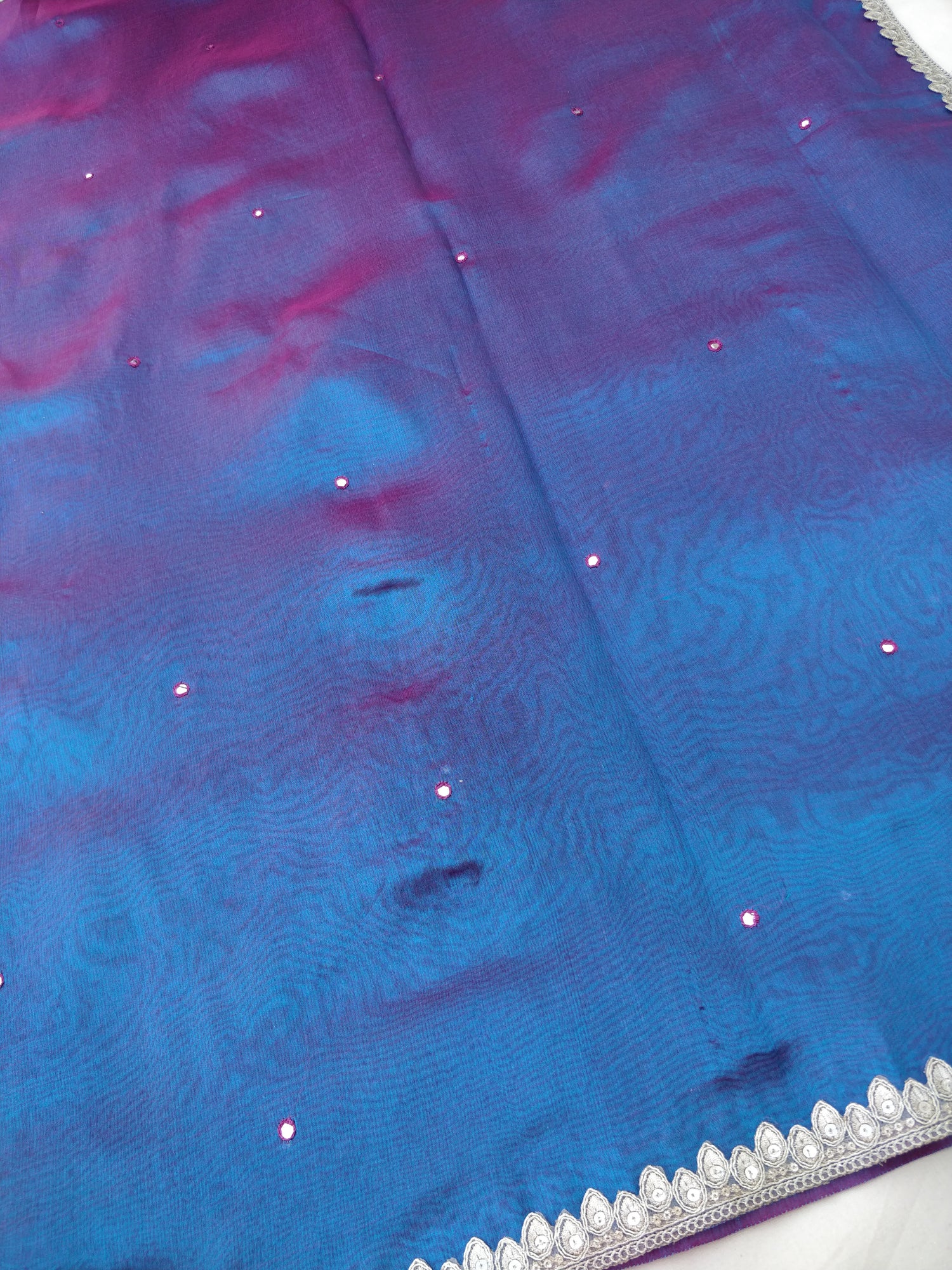 Peacock Blue Tissue Silk Saree with Lace Border