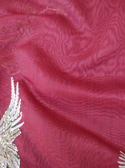 Red Mul Chanderi Silk Hand Embroidery Saree