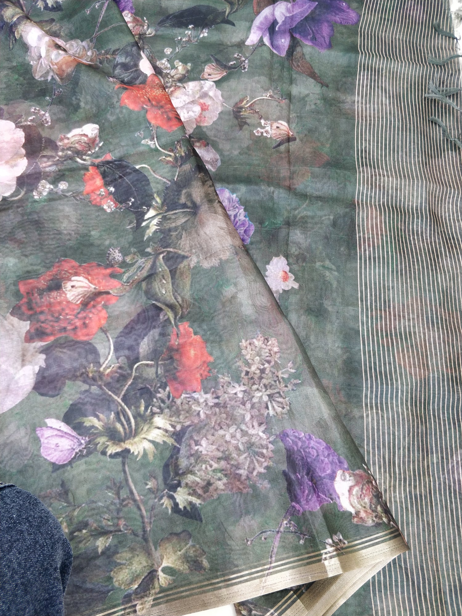 Green Organza Silk Floral Print Banarasi Saree