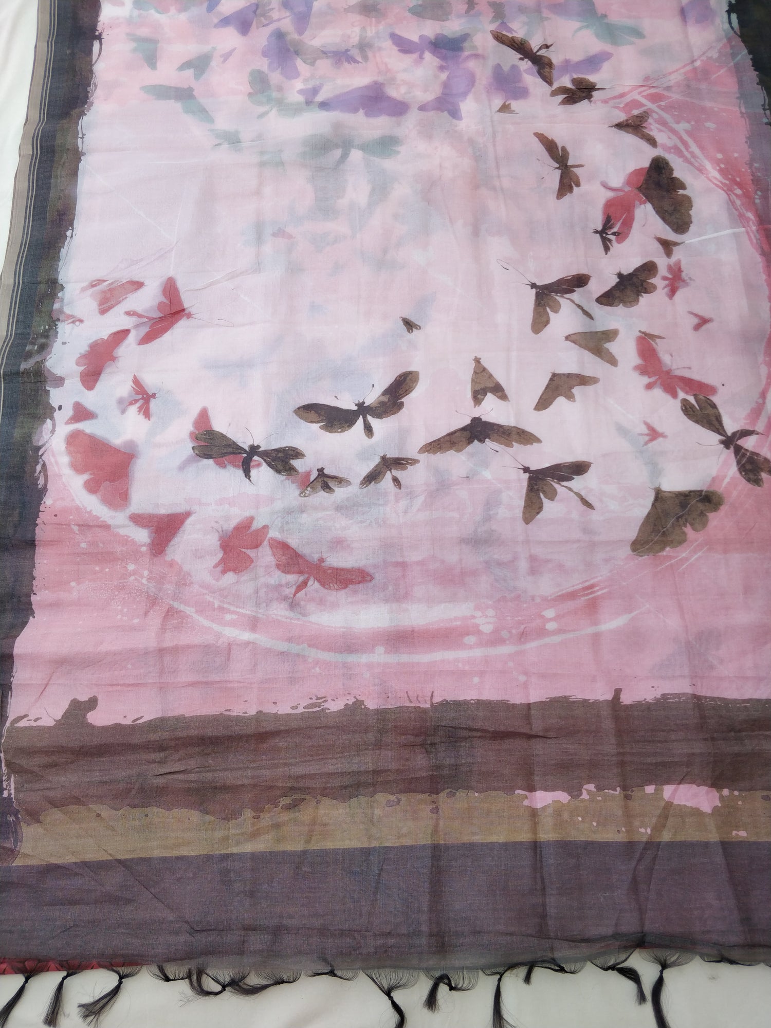 Pink Organza Silk Butterfly Print Banarasi Saree