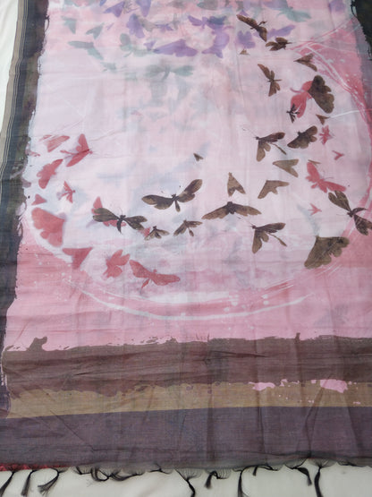 Pink Organza Silk Butterfly Print Banarasi Saree